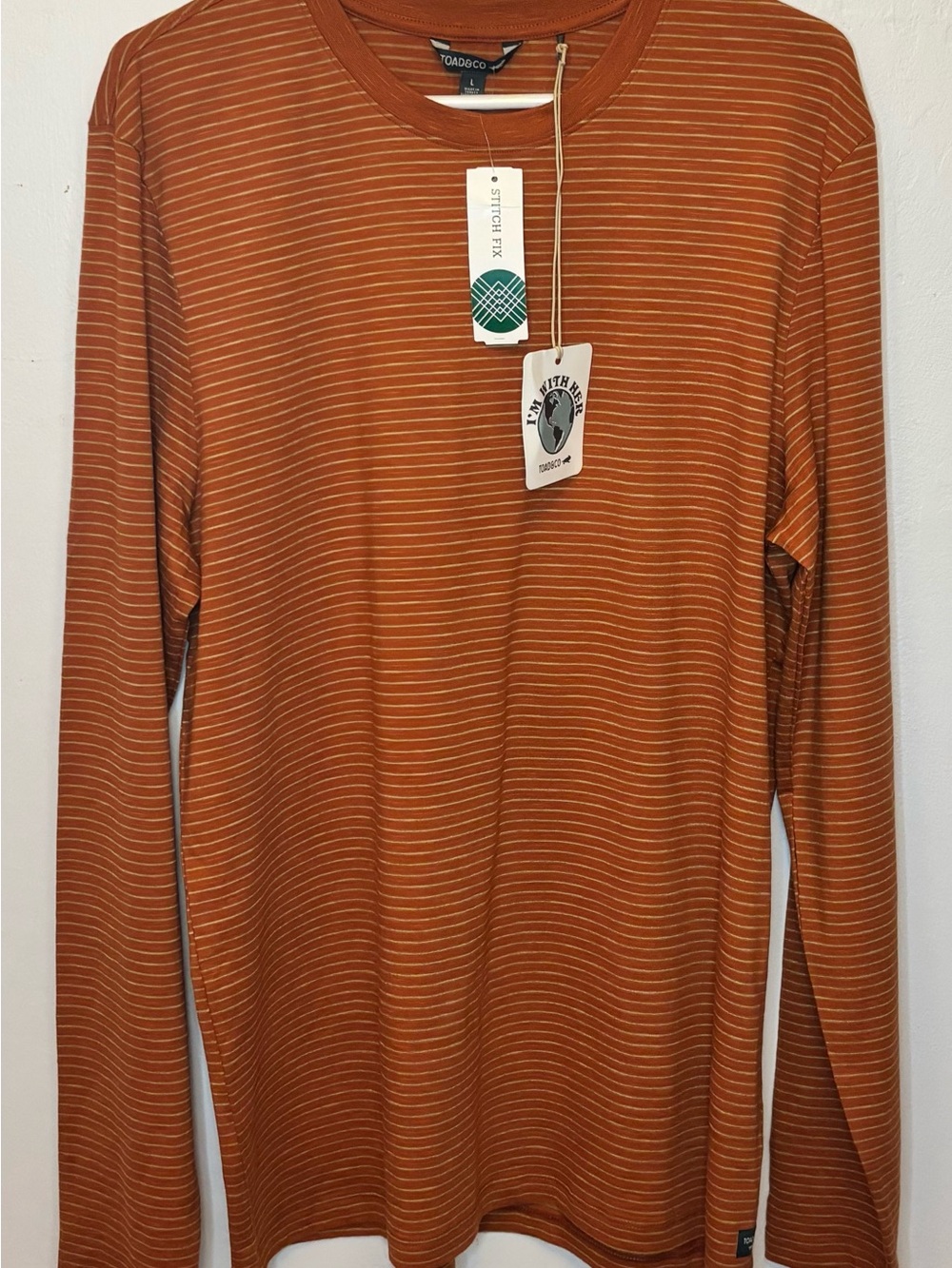 NWT Toad&Co Men Tempo Long Sleeve Crew Rust Stripe L